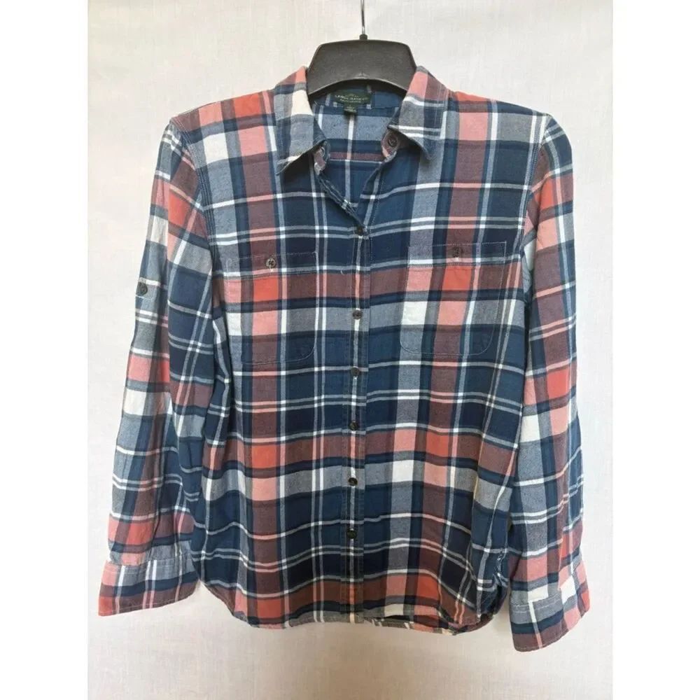 Lauren Jeans Women's Navy and Coral Plaid Flannel Button-Up Shirt Size Large